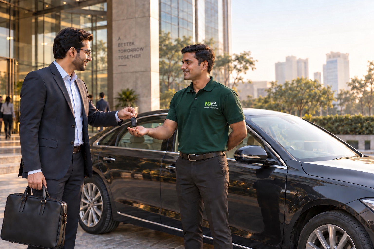 Verified Next Driver Partner wearing a professionally sized official brand lockup and receiving the keys to a business customer's own car