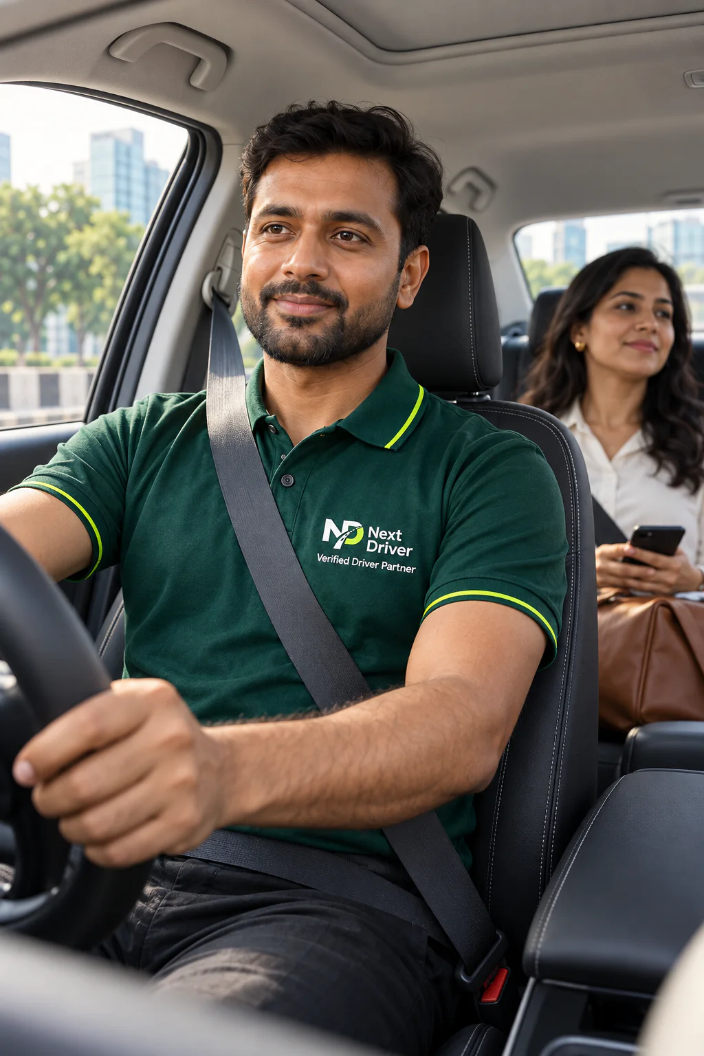 A seat-belted Next Driver Partner in a branded polo driving while a passenger relaxes in the back seat