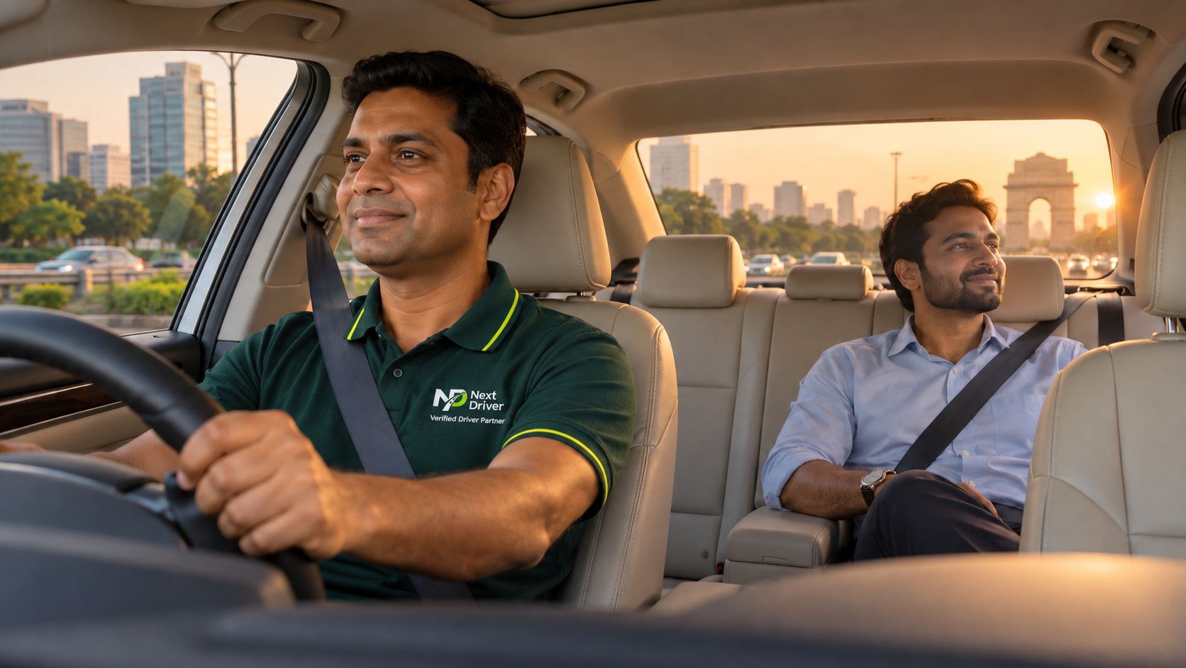 A professional Next Driver Partner driving a customer comfortably through Delhi in the customer’s own car