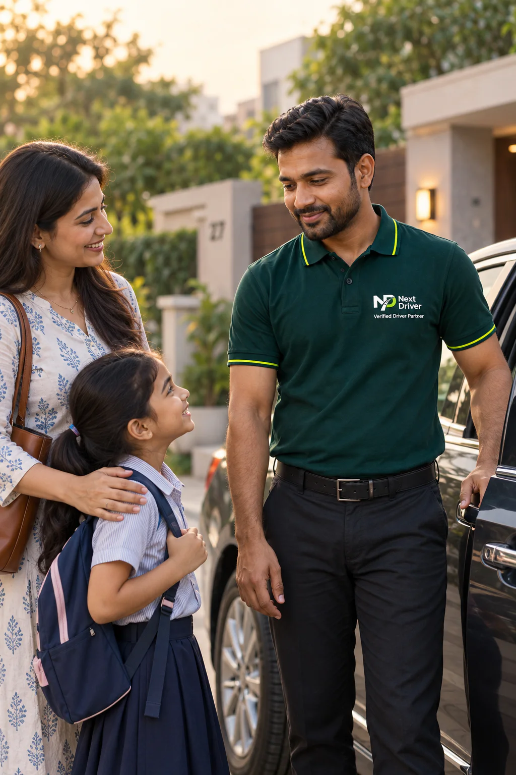 A mother and child greeting a driver wearing a Next Driver Verified Driver Partner polo beside the family car