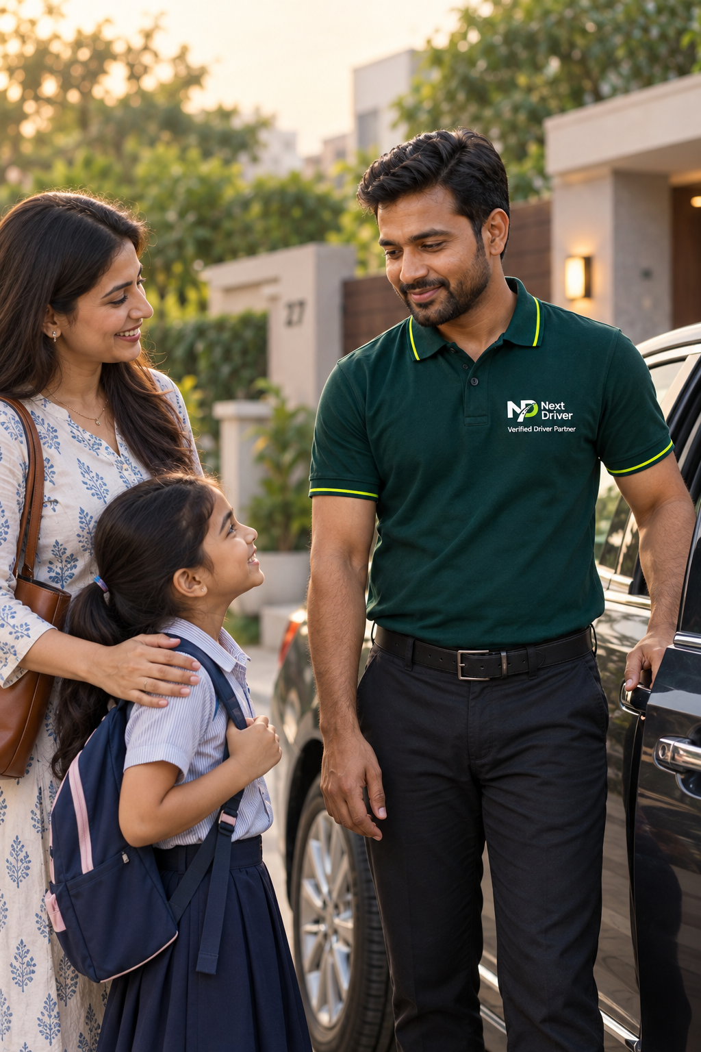 A customer and family meeting a professional Next Driver Partner beside their own car